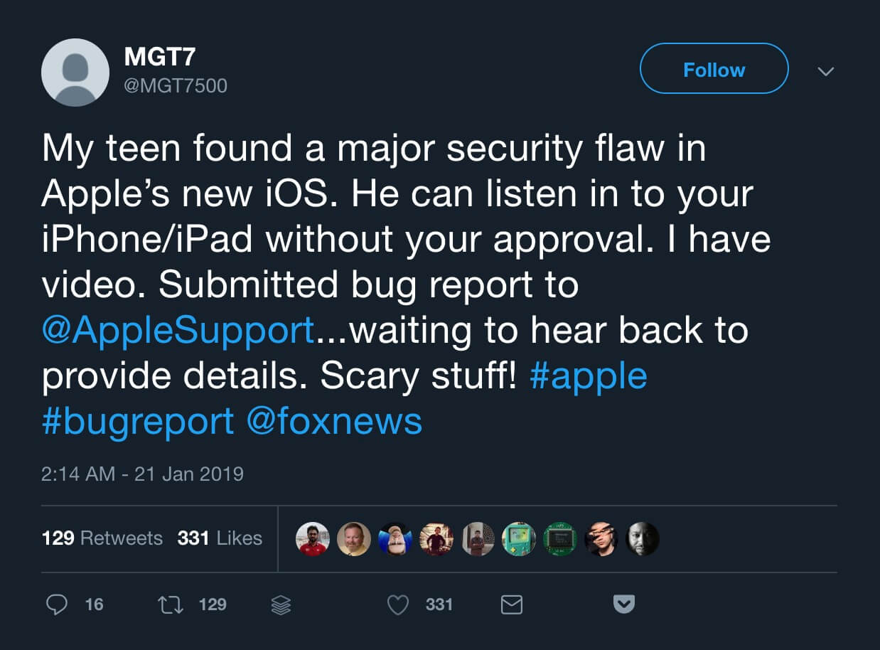 A tweet from January 21 showing the user @MGT7500 describing an iOS security flaw discovered by their teen.