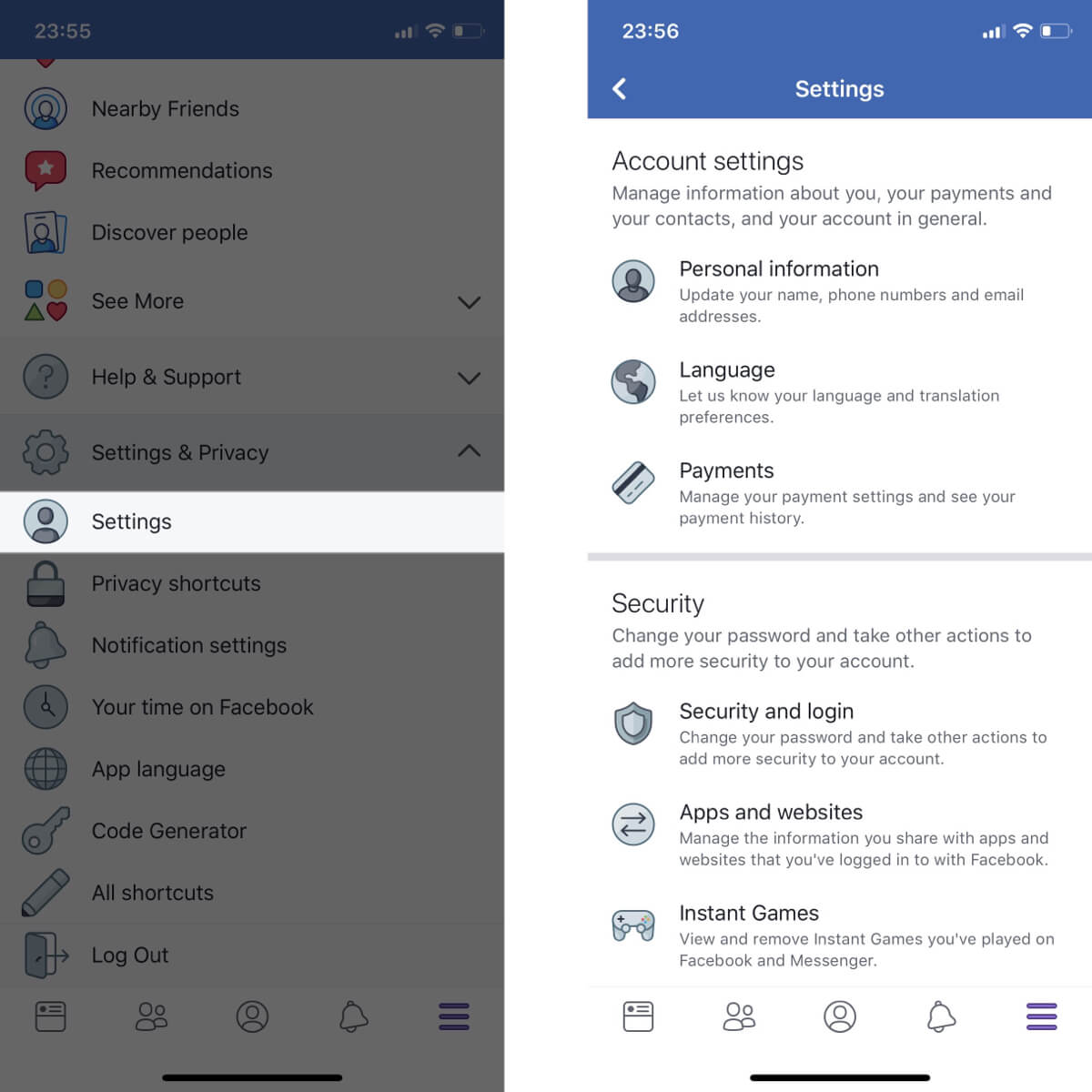 Screenshots showing how to access your Facebook settings.