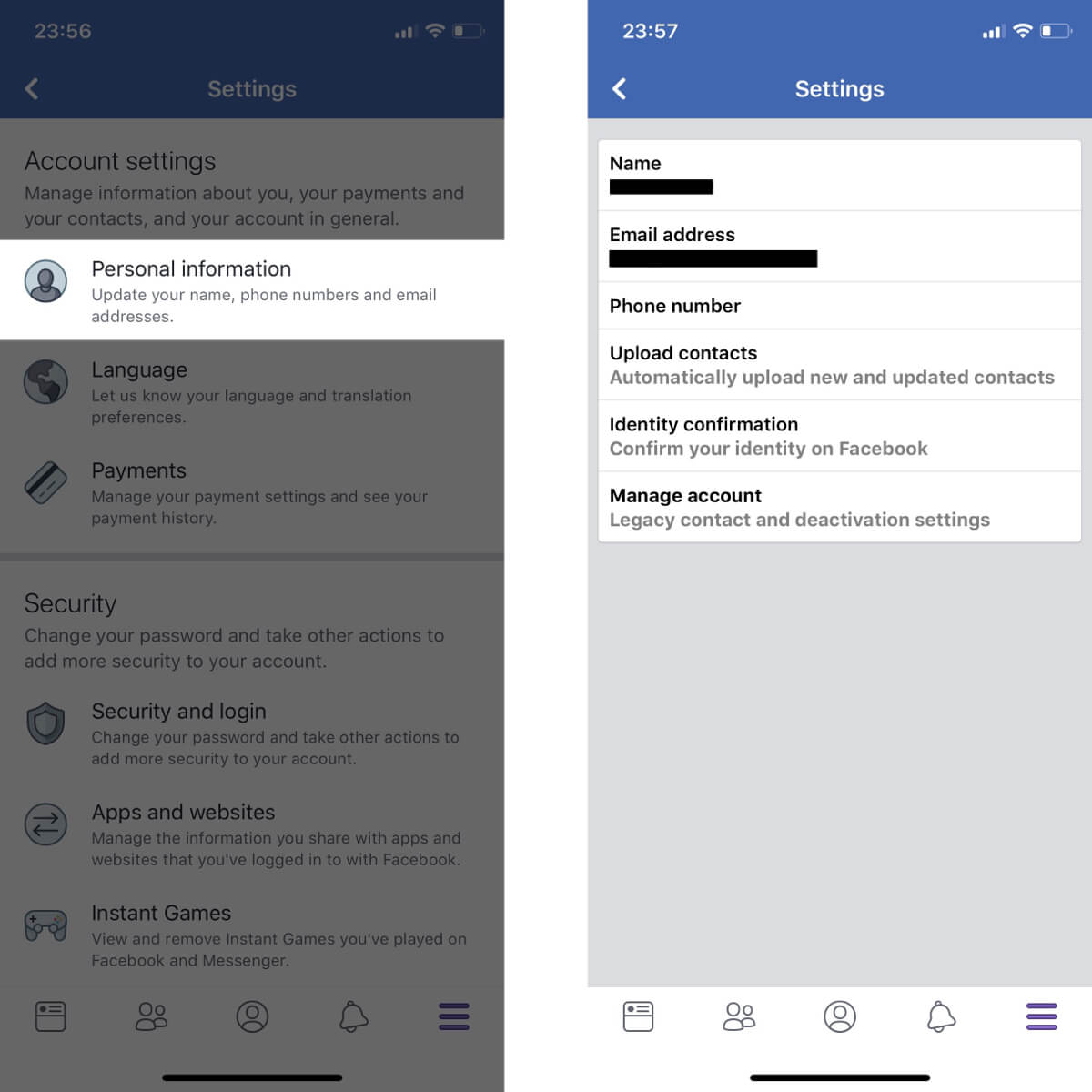 Screenshots showing how to access your personal information settings on Facebook.