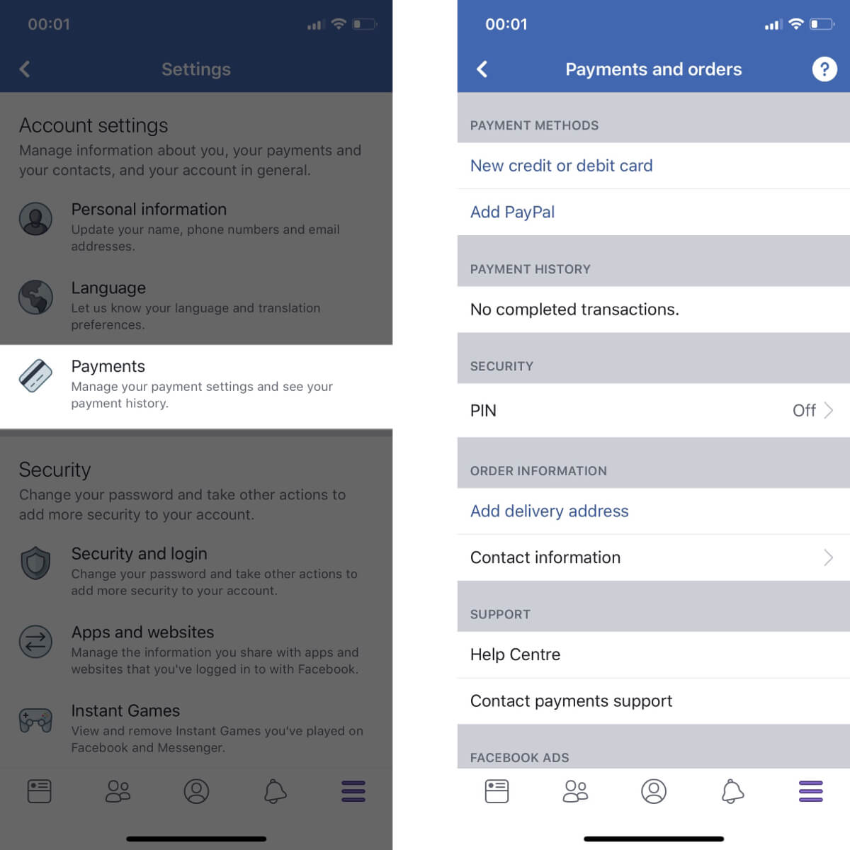 Screenshots showing how to access your payment settings on Facebook.