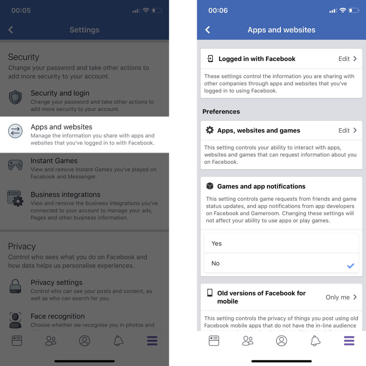 Screenshots showing how to access your app and website settings on Facebook.
