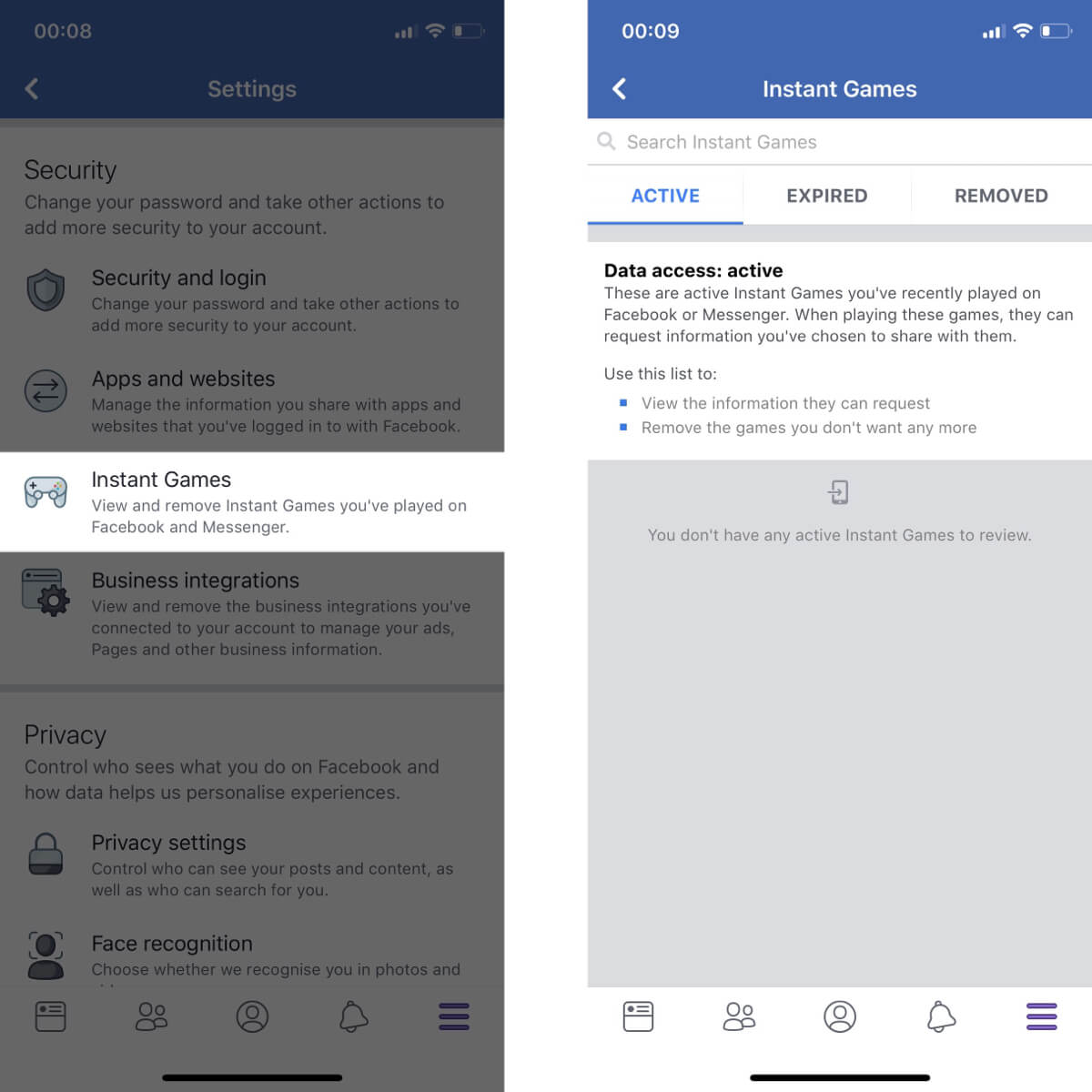 Screenshots showing how to access your instant game settings on Facebook.