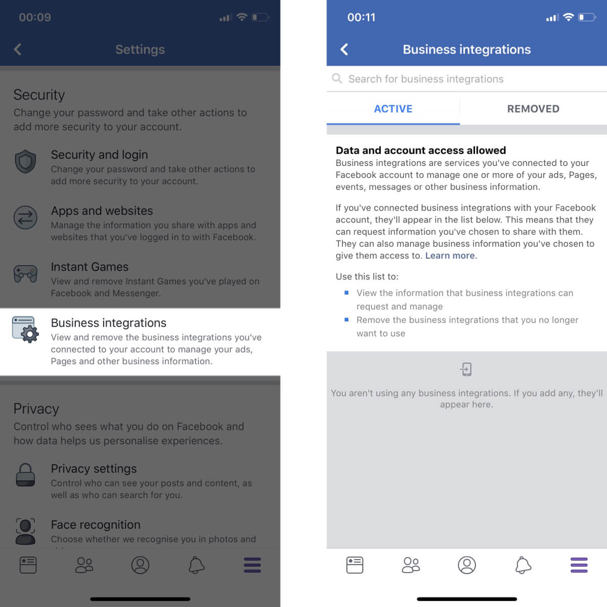 Screenshots showing how to access your business integration settings on Facebook.