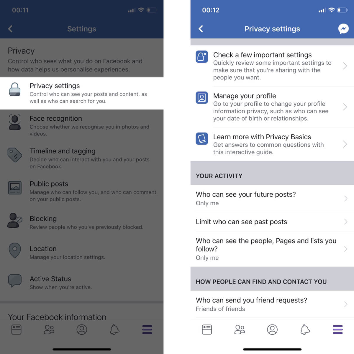 Screenshots showing how to access your privacy settings on Facebook.
