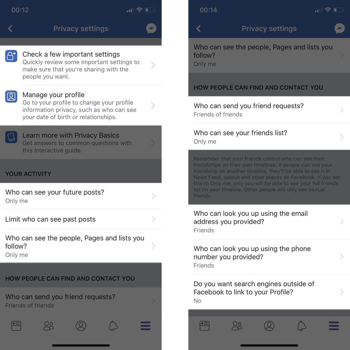 Screenshots showing the specific privacy settings you should change to minimize data collection on Facebook.