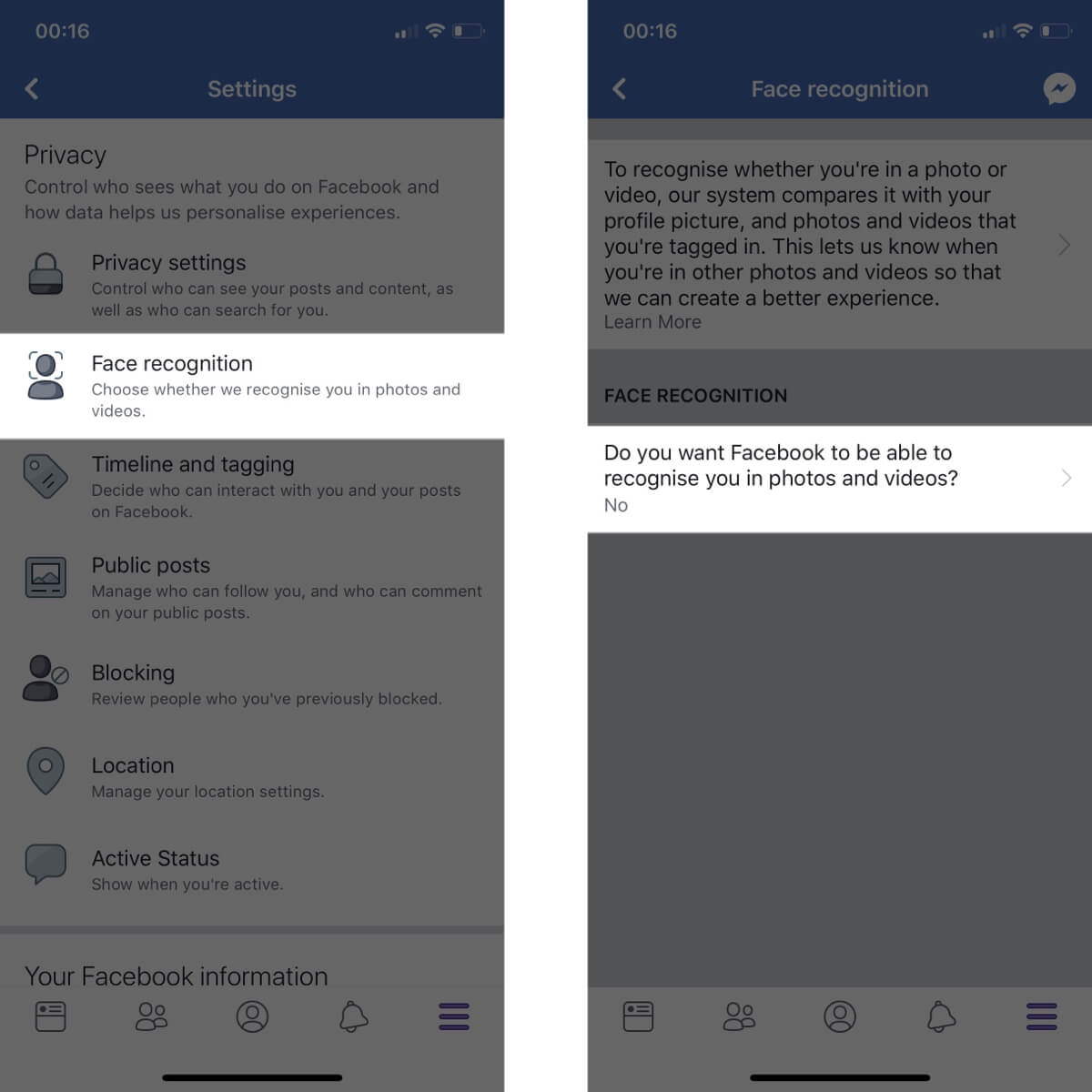 Screenshots showing how to access and change your face recognition settings on Facebook.