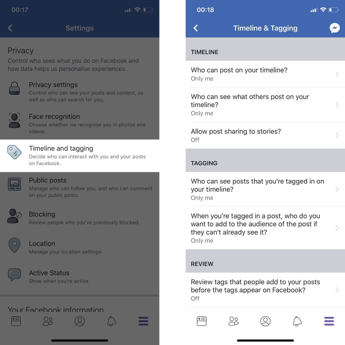 Screenshots showing how to access your timeline and tagging settings on Facebook.