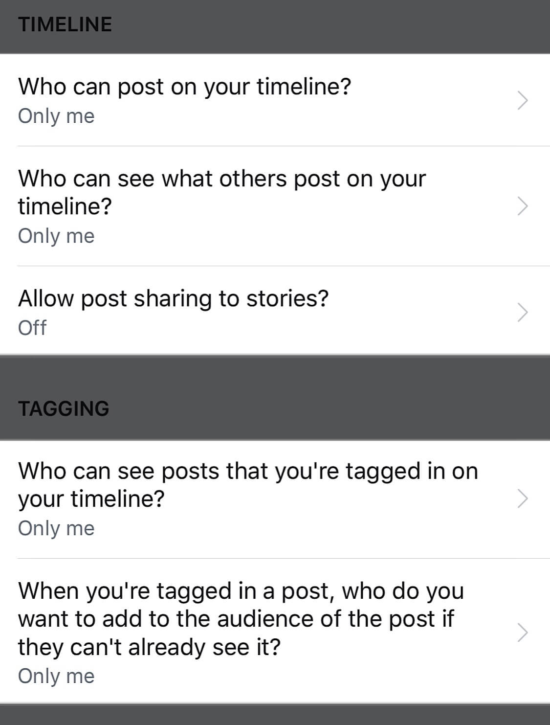 Screenshots showing the specific timeline and tagging settings you should change to limit data collection on Facebook.