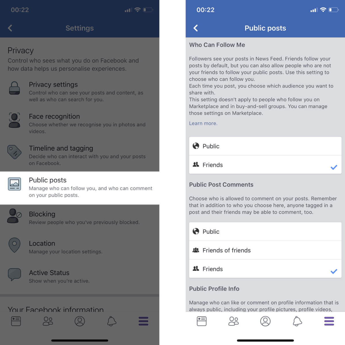 Screenshots showing how to access your public post settings on Facebook.