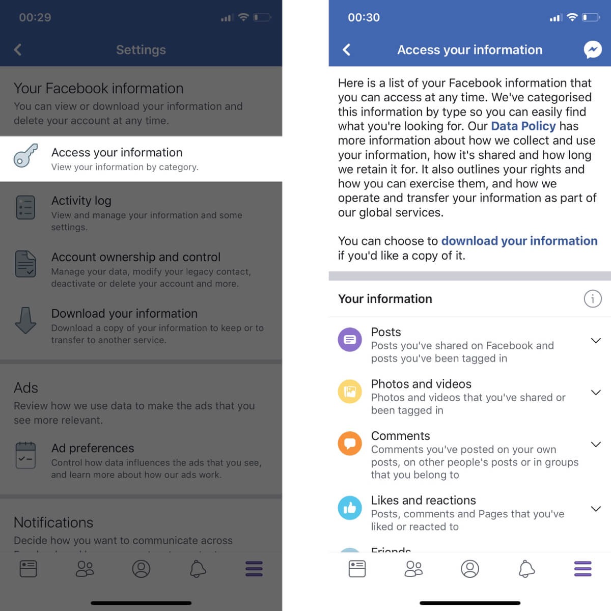 Screenshots showing how to open the access your information settings on Facebook.