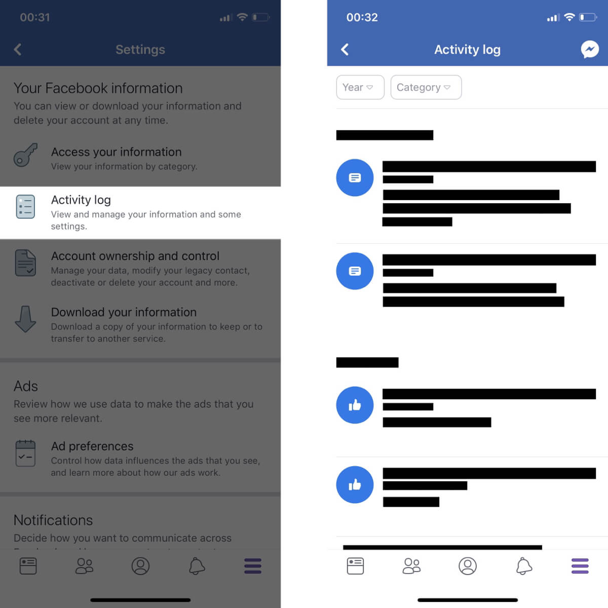 Screenshots showing how to view your activity log on Facebook.