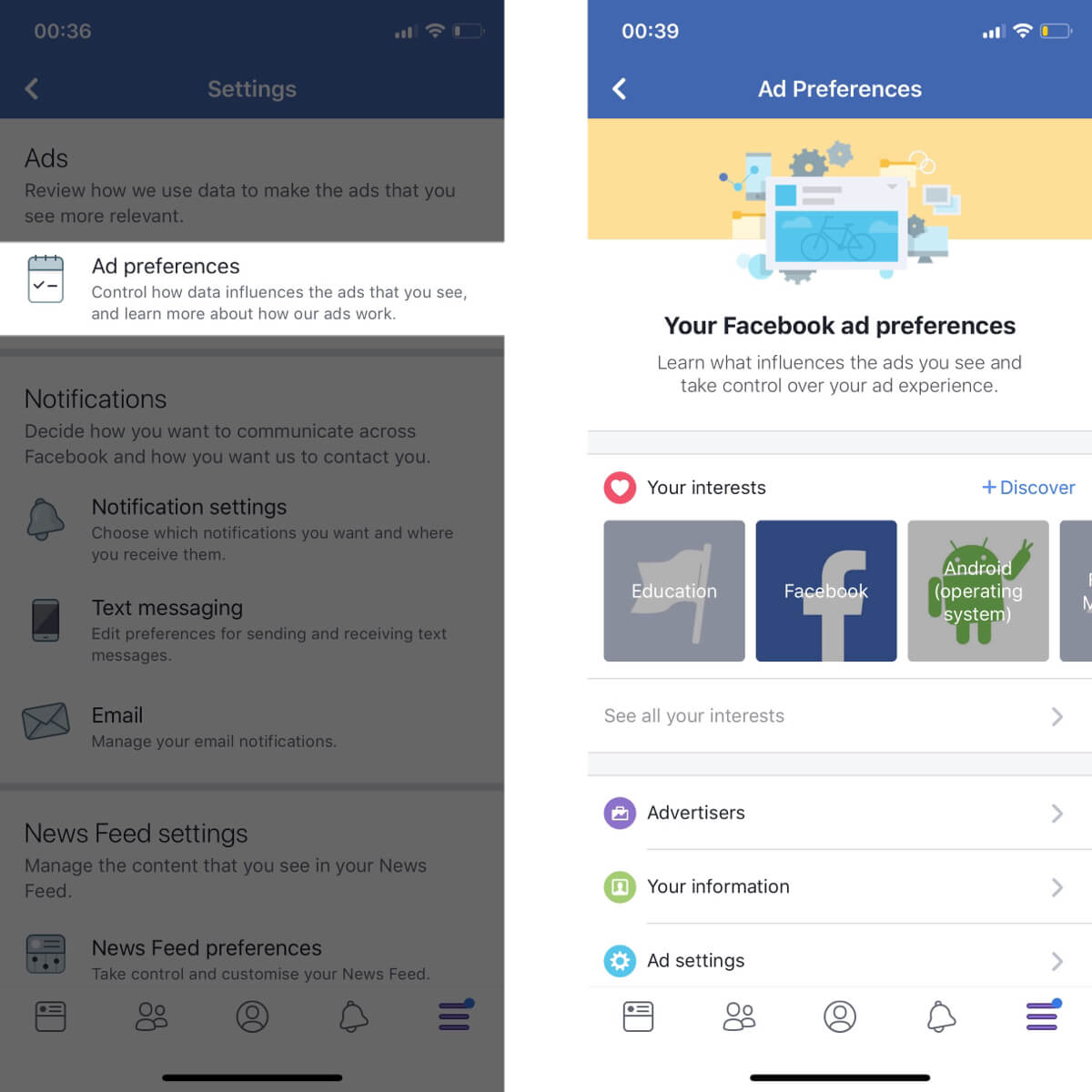Screenshots showing how to access your ad preference settings on Facebook.