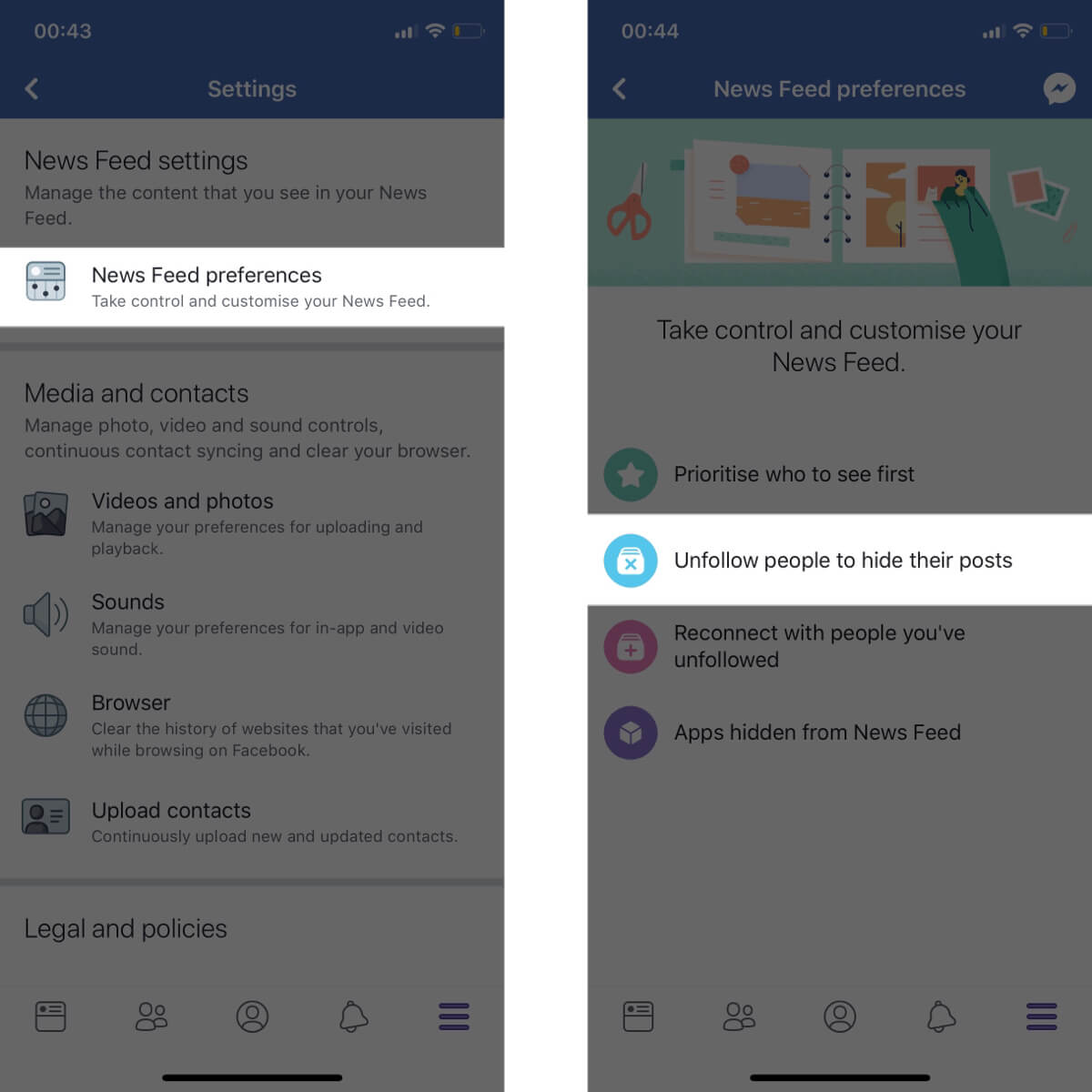 Screenshots showing how to access your news feed preference settings.