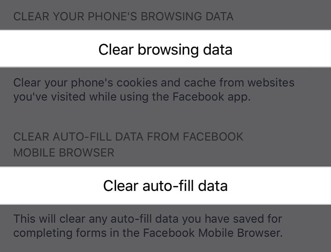 Screenshots showing the specific browser settings you should change to clear your browsing data on Facebook.