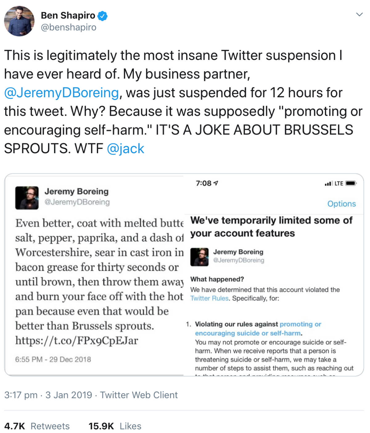 A tweet from @benshapiro showing screenshots of the tweets that led to his business partner @JeremyDBoreing being temporarily suspended from Twitter.