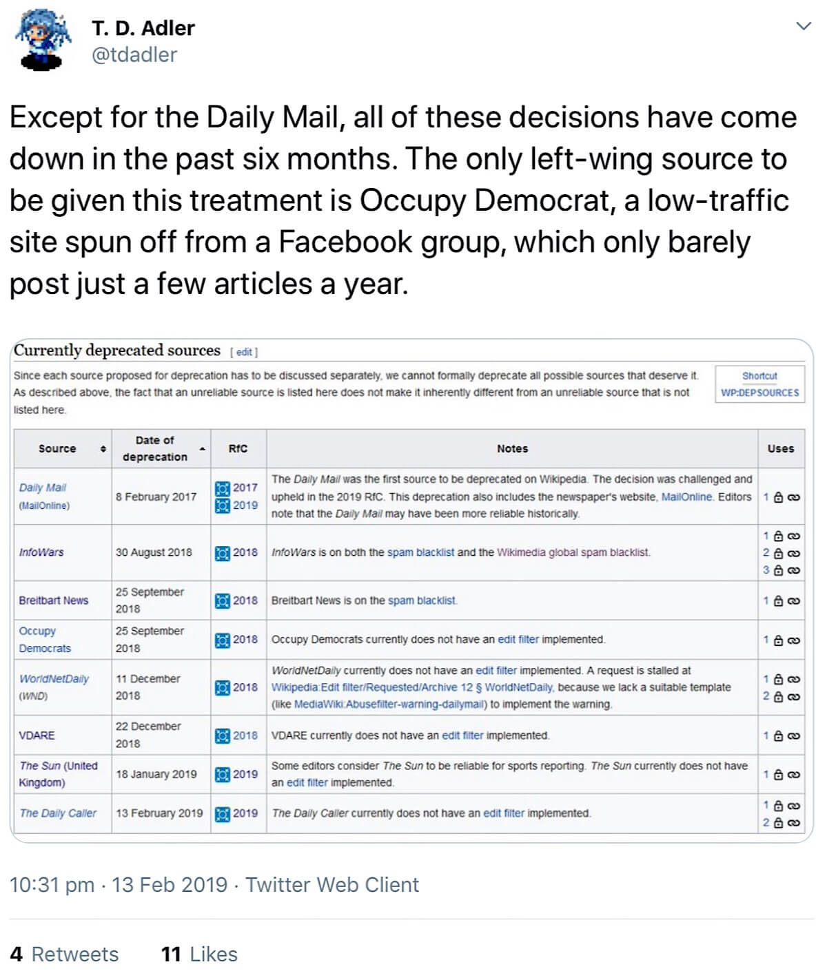 A tweet highlighting Wikipedia’s left-leaning bias when deprecating sources.