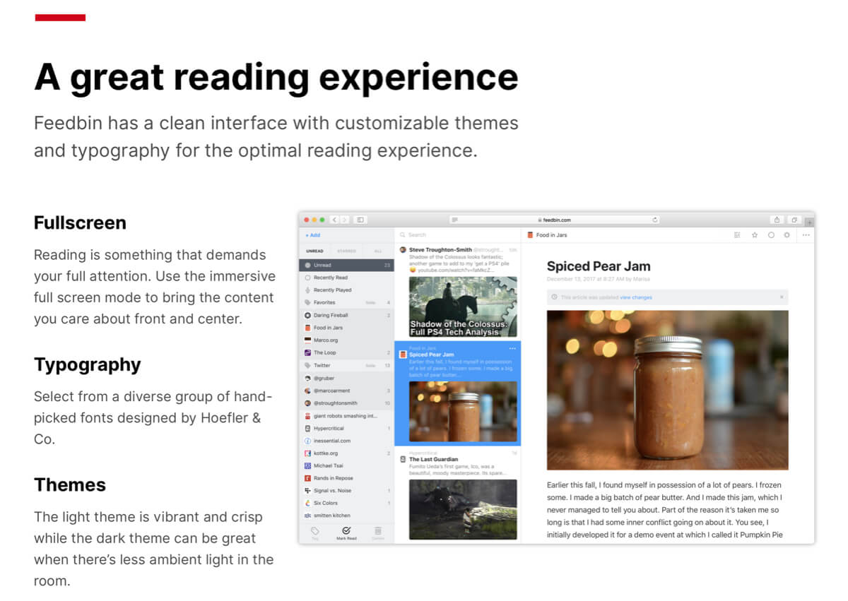 A screenshot of the Feedbin homepage.