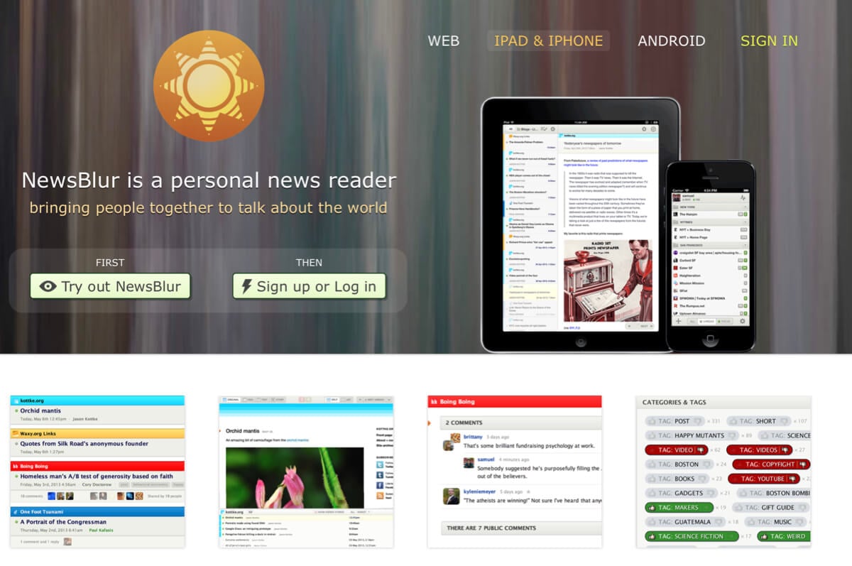 A screenshot of the NewsBlur homepage.