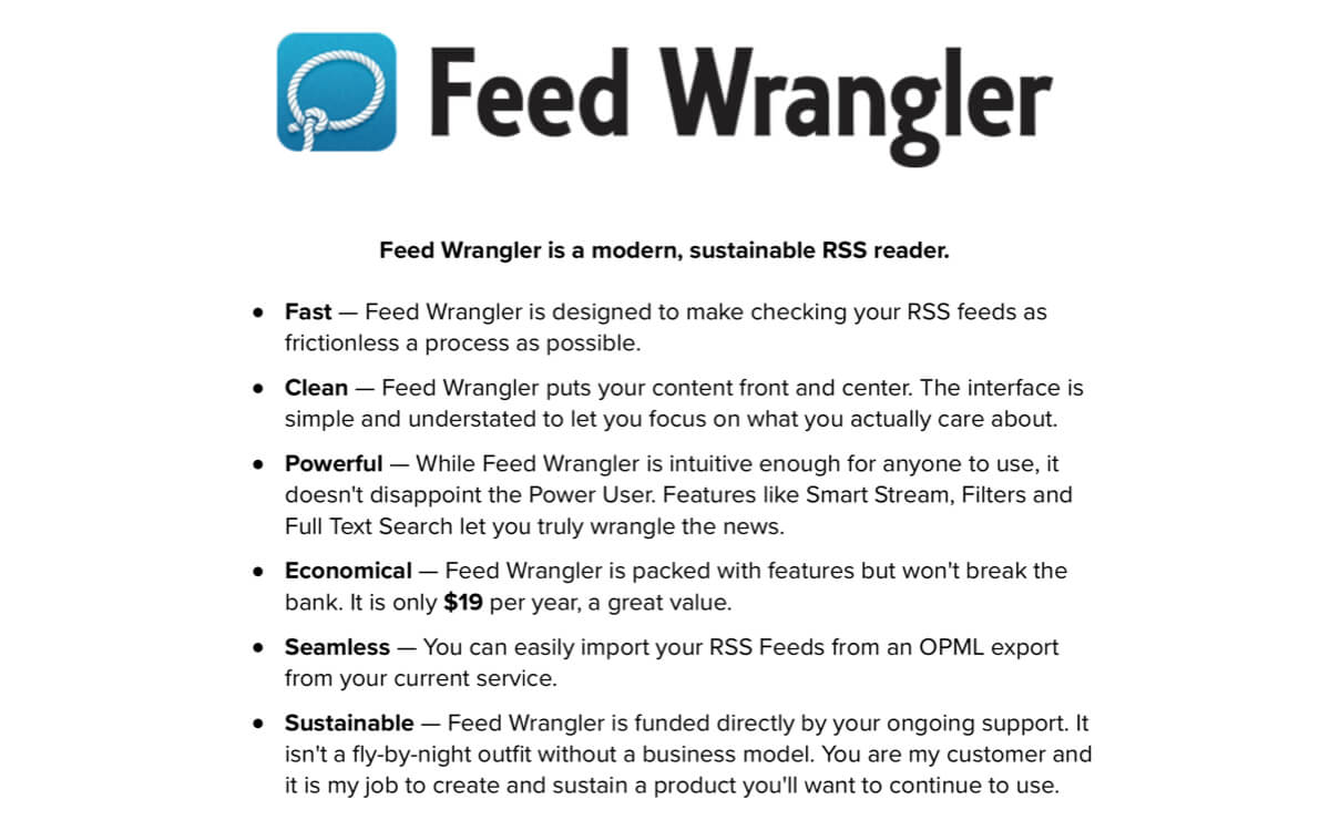 A screenshot of the Feed Wrangler homepage.