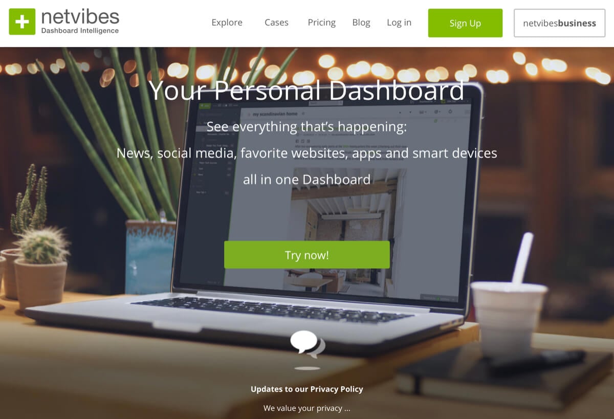 A screenshot of the Netvibes homepage.