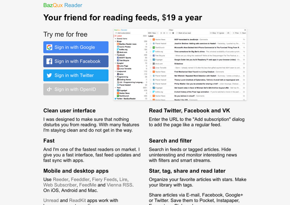 A screenshot of the BazQux homepage.