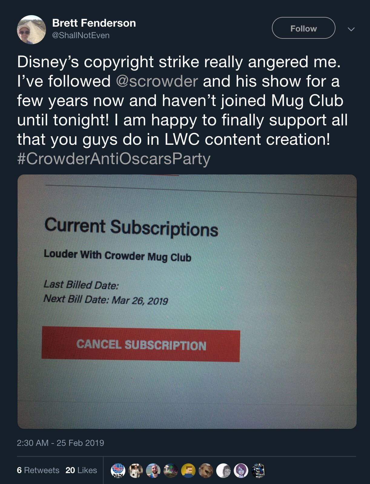 A Steven Crowder fan responding to the copyright claim against his Anti-Oscars Party stream.