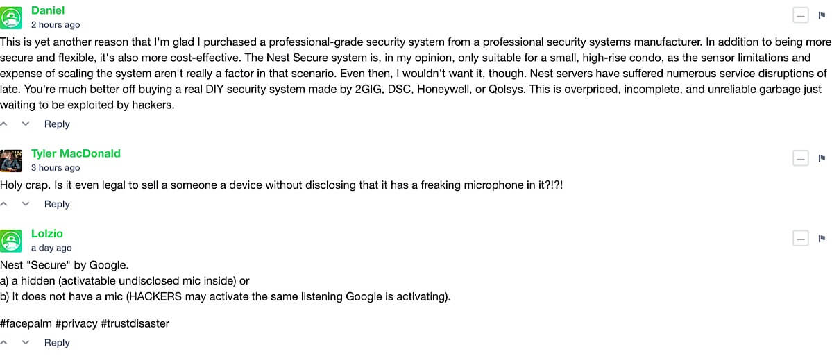 A screenshot of the comments from an Android Authority article about Nest