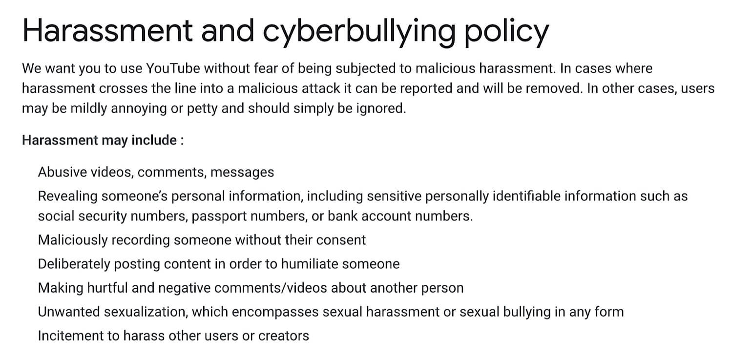 YouTube’s old harassment and cyberbullying policy with no reference to claiming that victims of public violent incidents are making false claims.
