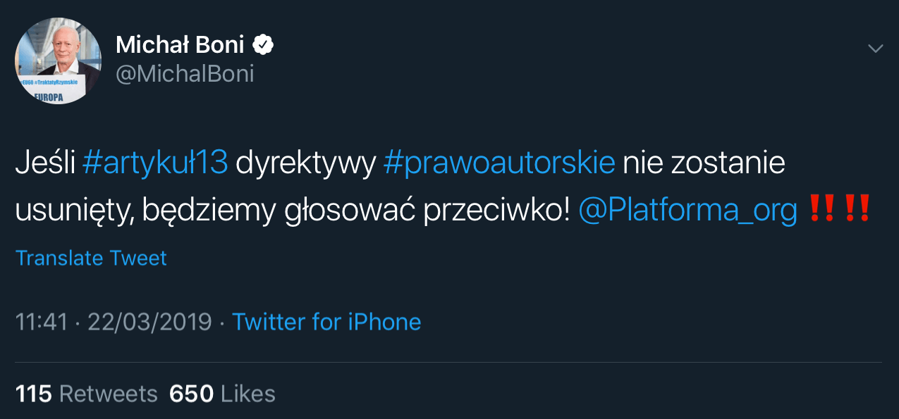 A tweet from MEP Michal Boni announcing that Platforma will be voting against the EU Copyright Directive unless Article 13 is removed.