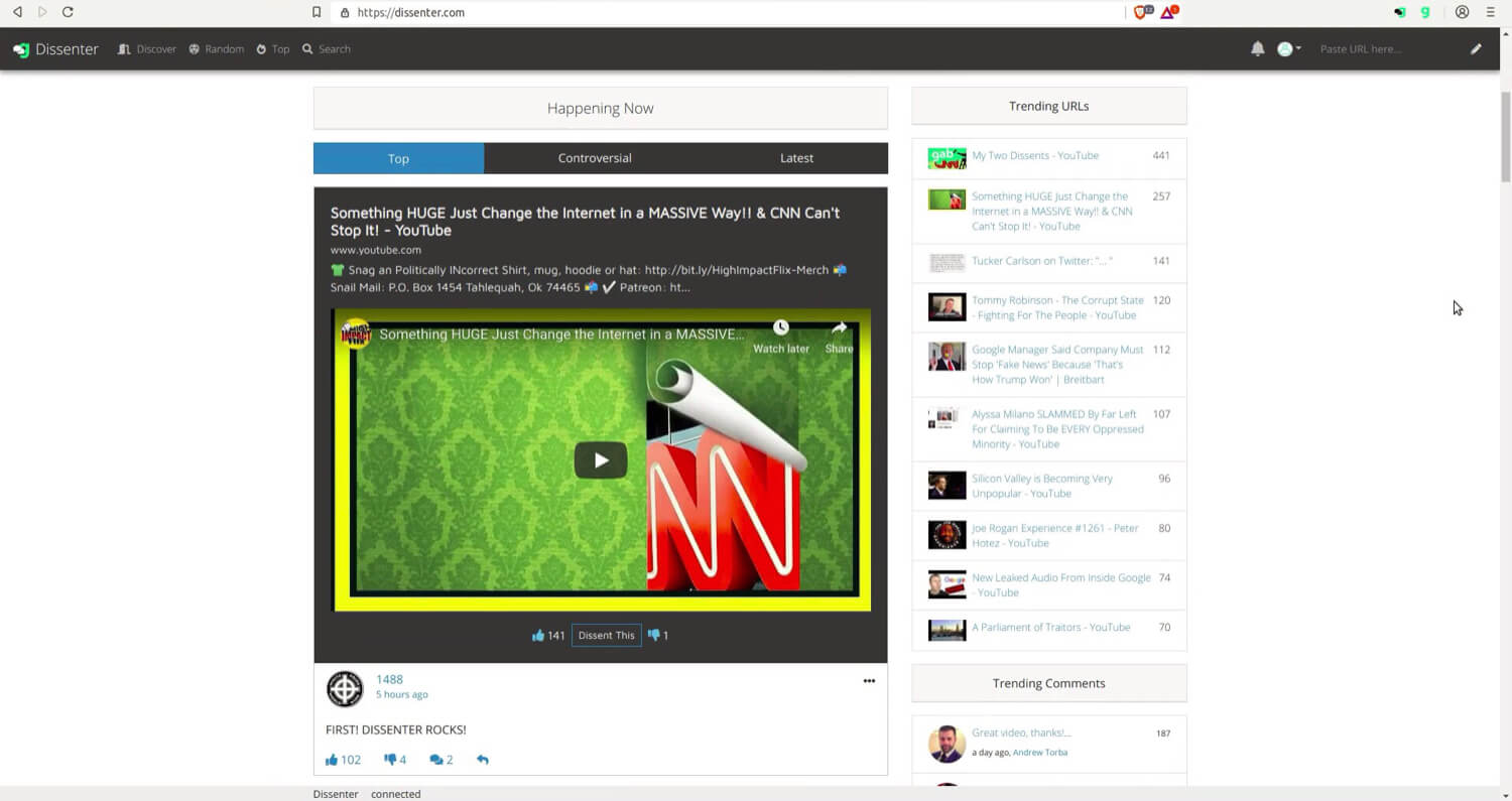 The Dissenter trending section for YouTube.