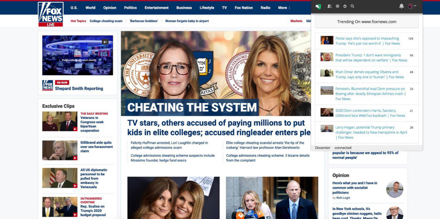 The Dissenter trending section for Fox News.