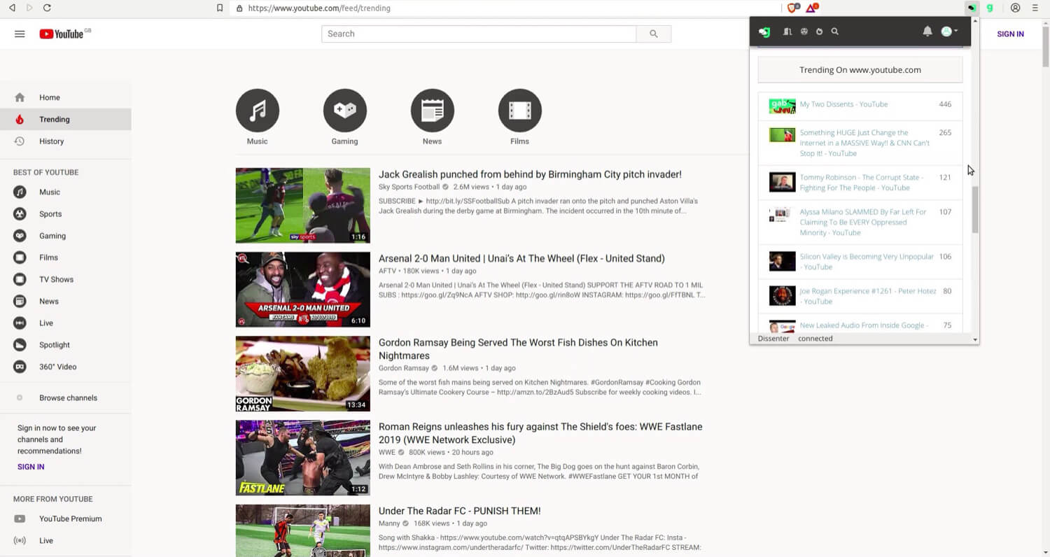 The Dissenter trending section for YouTube.