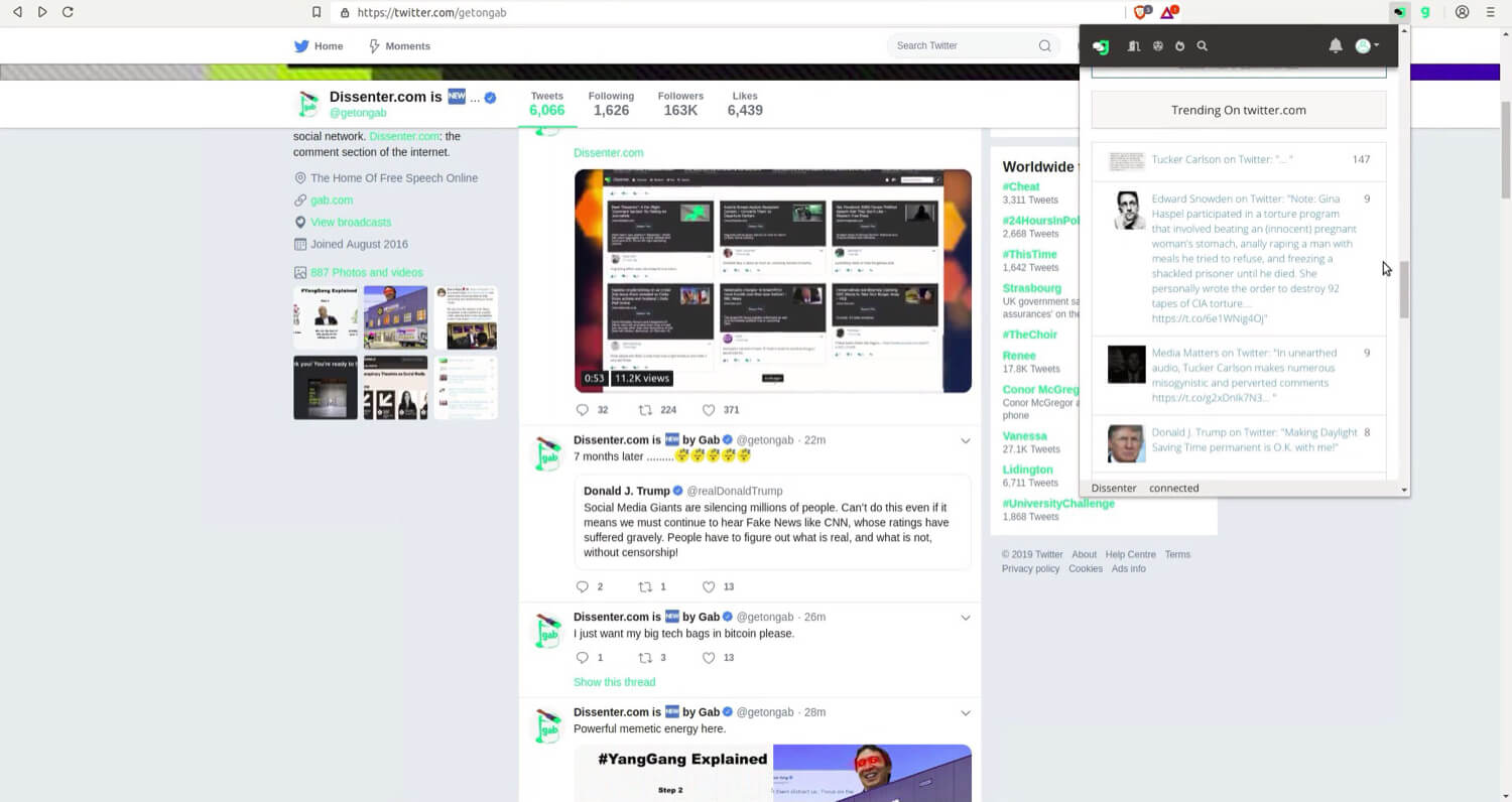 The Dissenter trending section for Twitter.