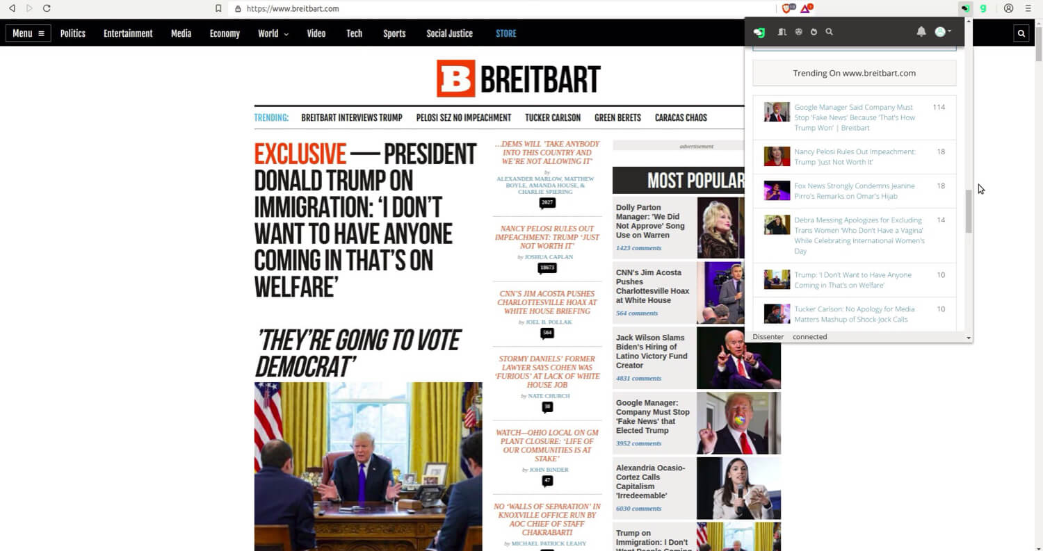 The Dissenter trending section for Breitbart.