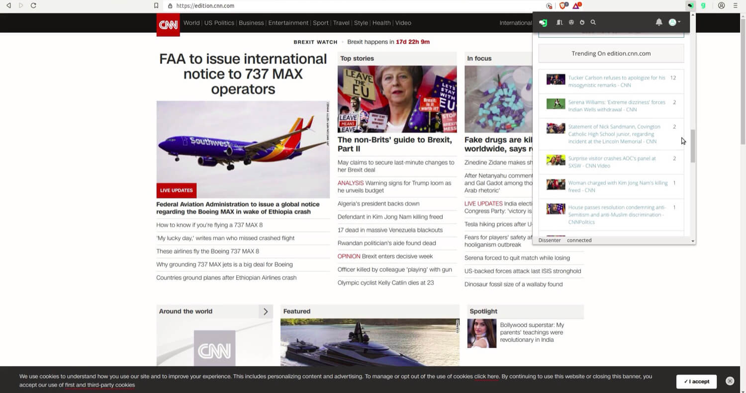 The Dissenter trending section for CNN.