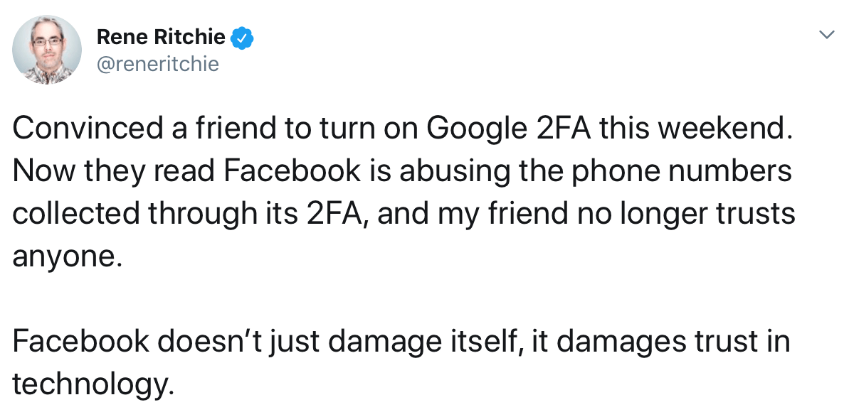 A tweet from @reneritchie highlighting how phone numbers are being used as a unique ID to link user’s identities across every platform on the internet.