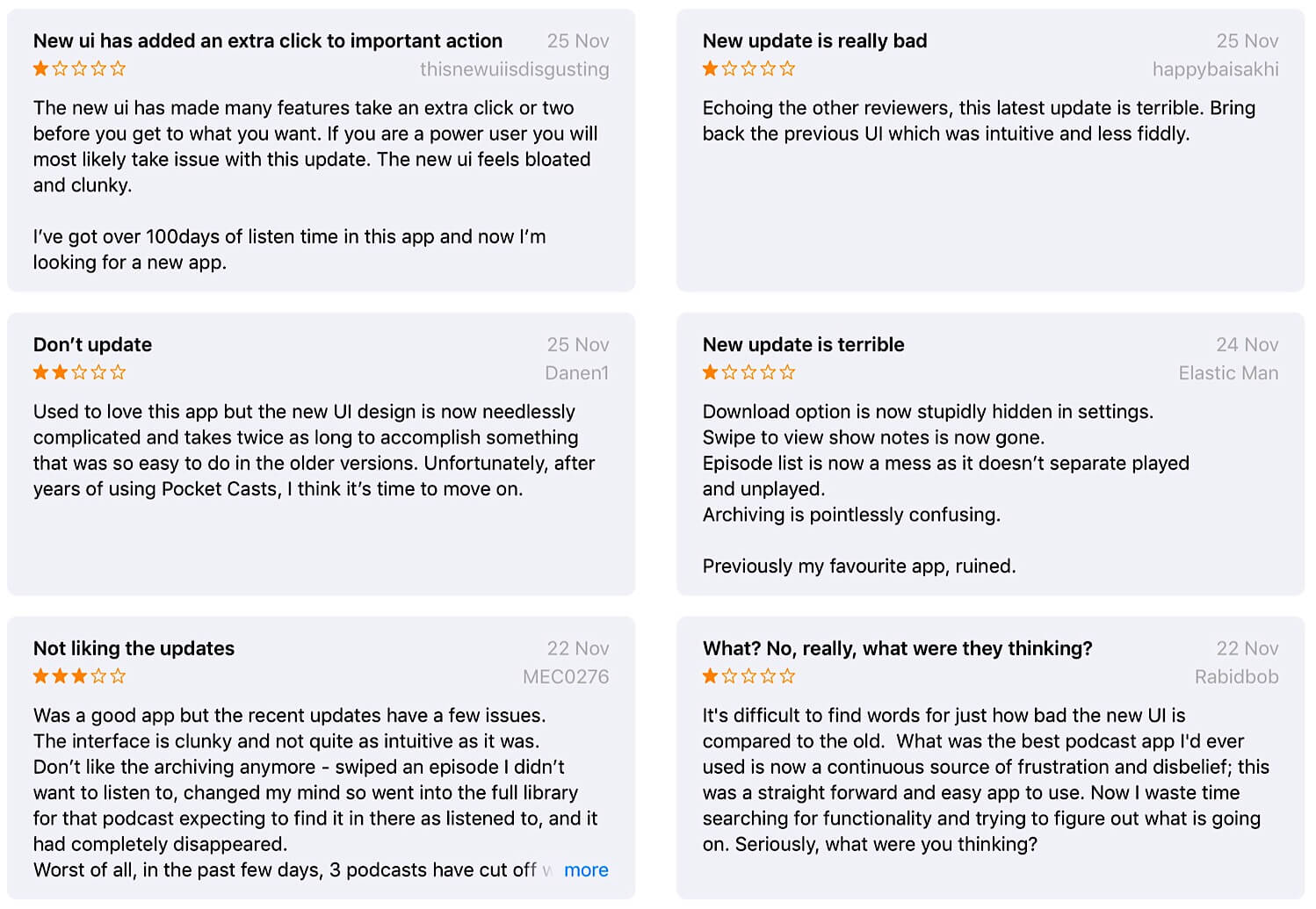 Negative reviews of Pocket Casts version 7 on the iOS App Store.