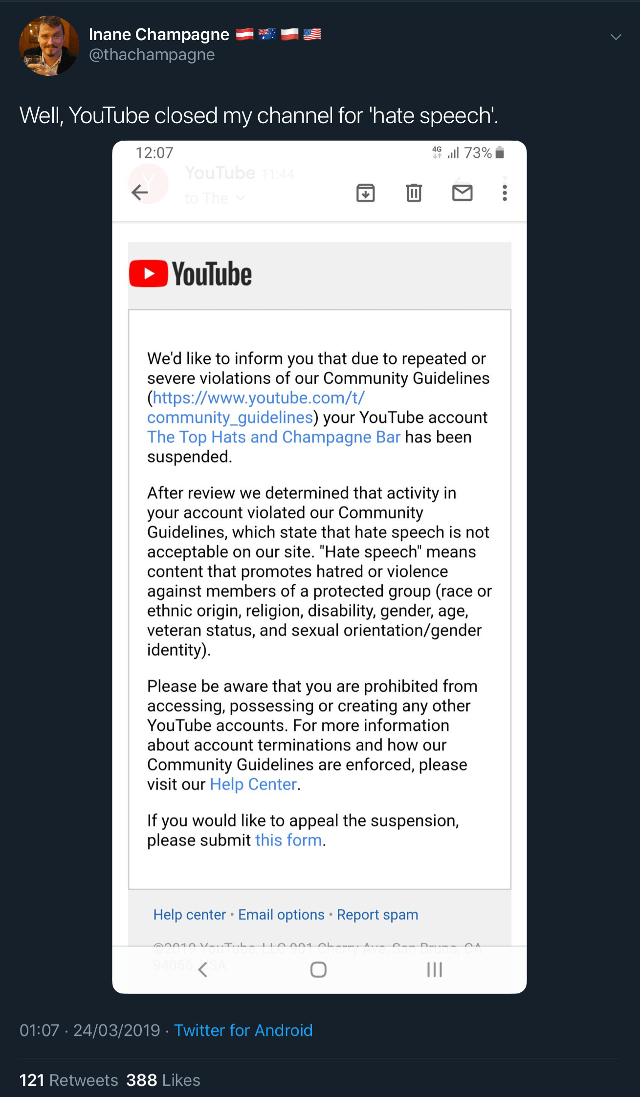 Falko von Falkner announcing that The Top Hats and Champagne Bar YouTube channel had been closed for “hate speech.”
