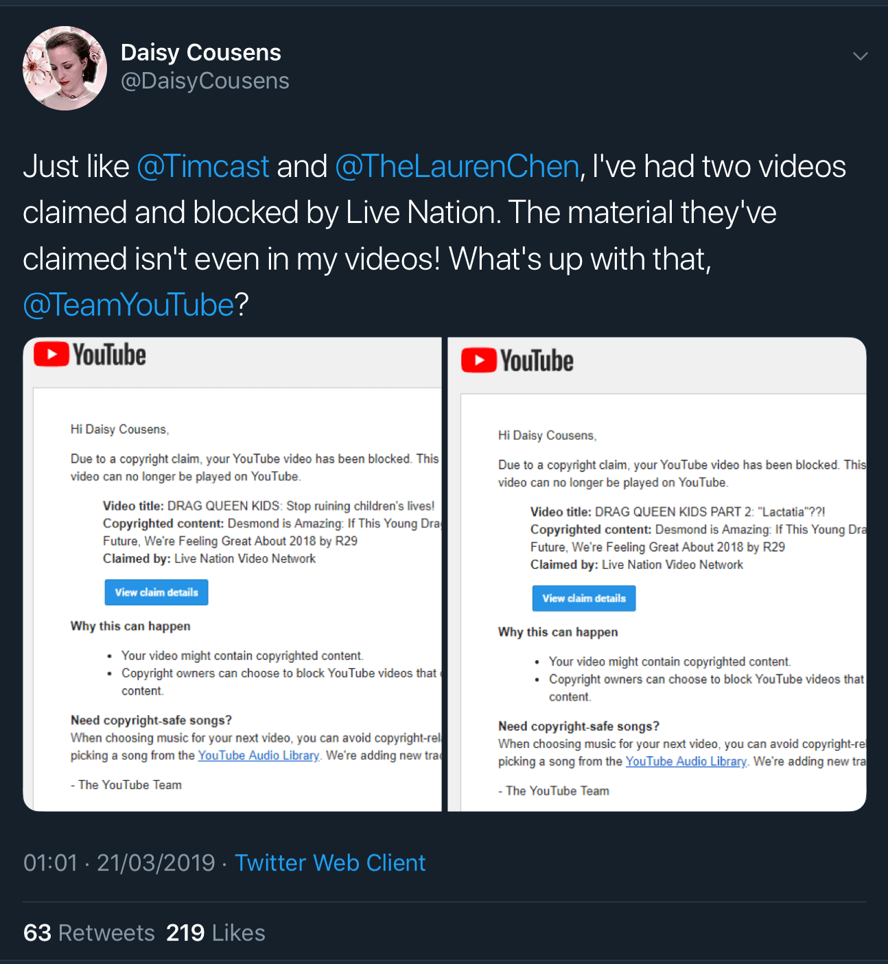 A tweet showing the two fake copyright claims from Live Nation Video Network against Daisy Cousens’ videos.