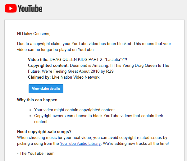 The full photo of the second fake copyright claim from Live Nation Video Network for Daisy Cousens’ video titled “DRAG QUEEN KIDS PART 2: Lactatia??!”