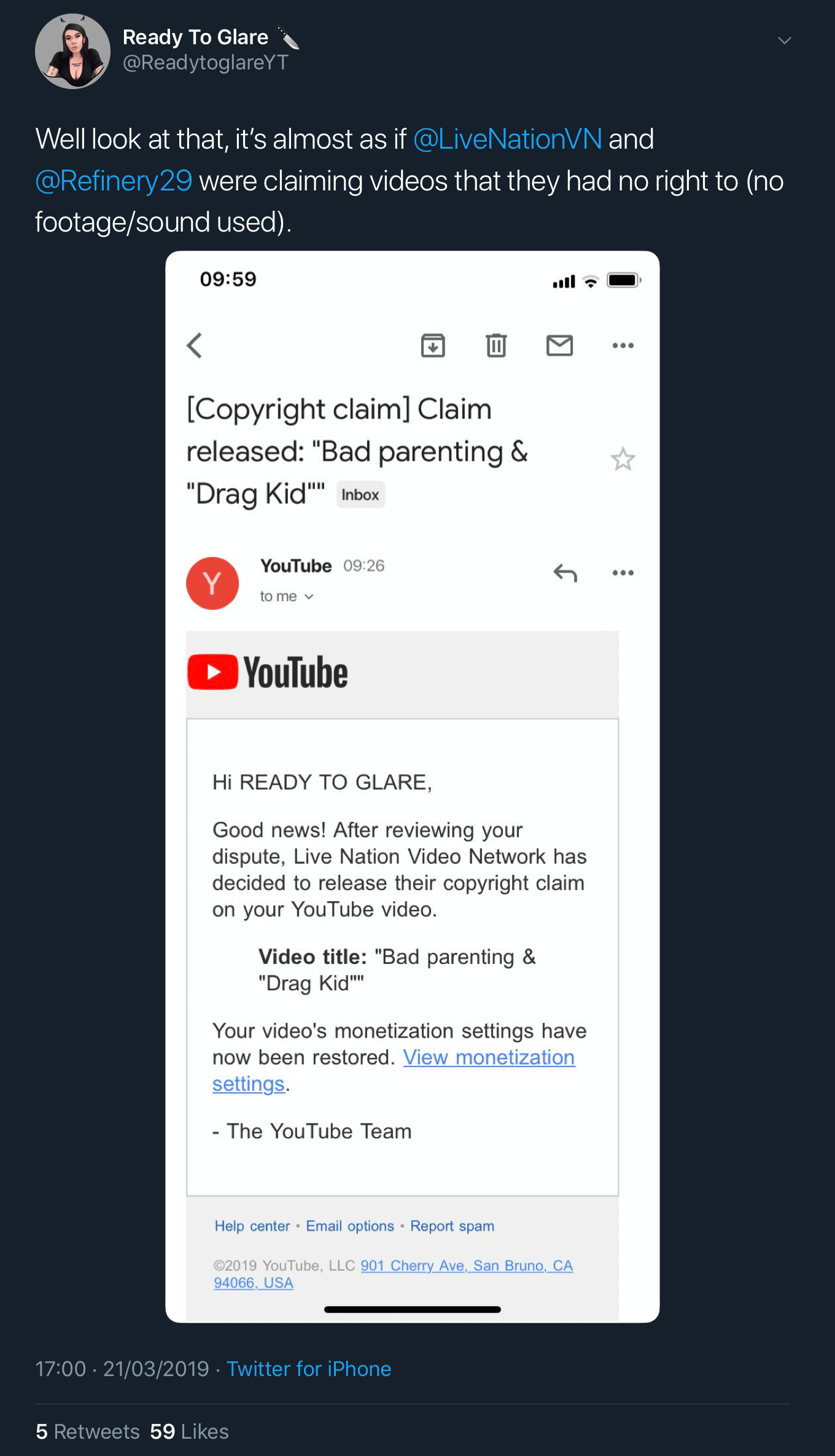 A tweet showing that the fake copyright claims against Ready To Glare’s video have been dropped.