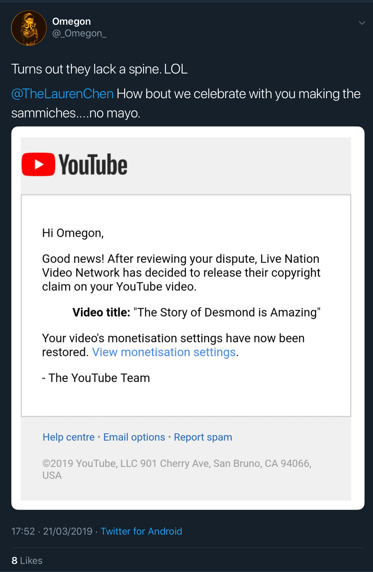 A tweet showing that the fake copyright claim against Omegon’s video has been released.