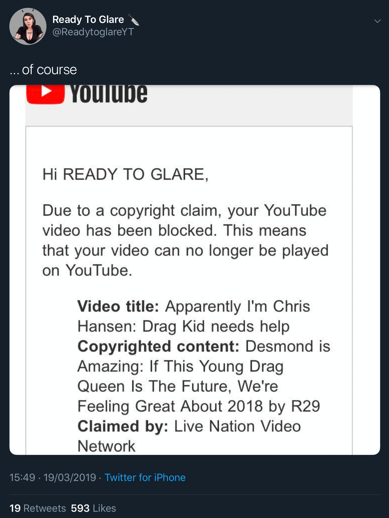 A tweet showing the first fake YouTube copyright claim against Ready To Glare for her video titled “Apparently I’m Chris Hanson: Drag Kid Needs Help.”