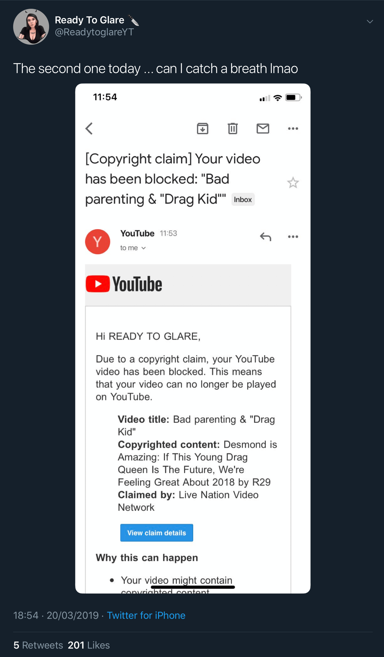 A tweet showing the third fake YouTube copyright claim against Ready To Glare for her video titled “Bad Parenting & Drag Kid.”