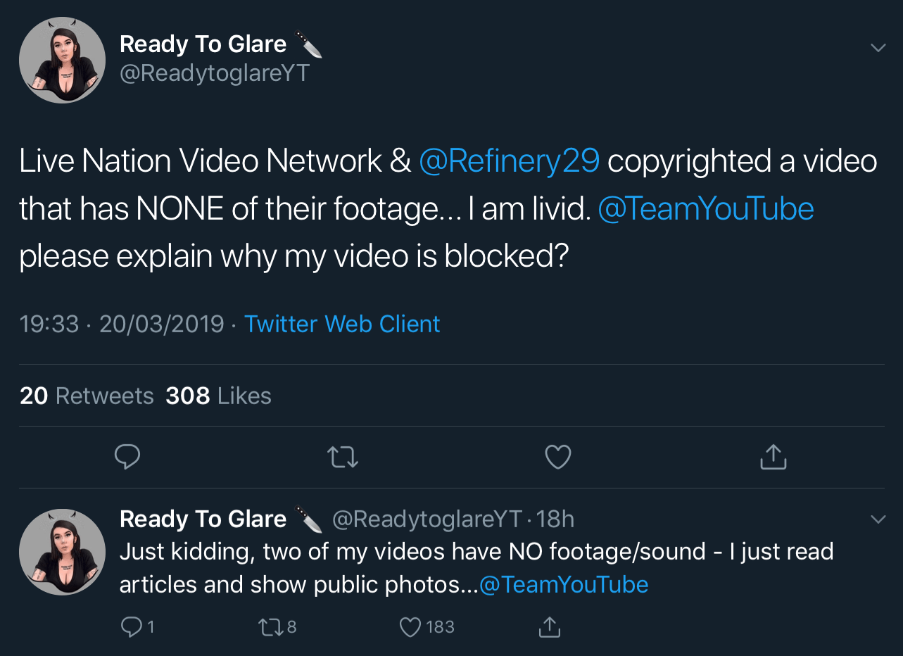A tweet thread from Ready To Glare explaining that she uses no footage from Live Nation Video Network or Refinery29 and that she just reads articles and shows public photos.