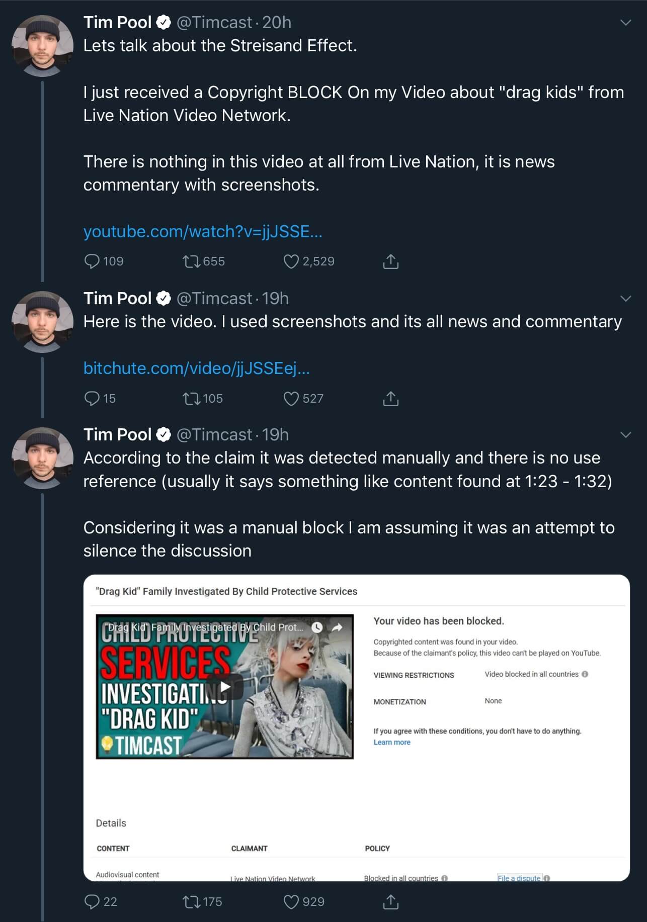 A tweet thread from Tim Pool showing the fake copyright claim from Live Nation Video Network for his video about Desmond The Drag Kid.