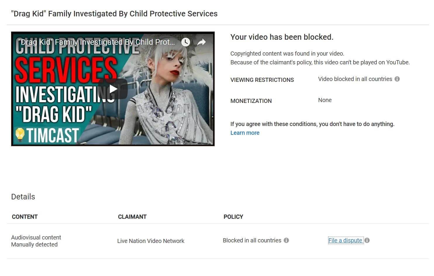 The full photo of the fake copyright claim from Live Nation Video Network for Tim Pool’s video about Desmond The Drag Kid.