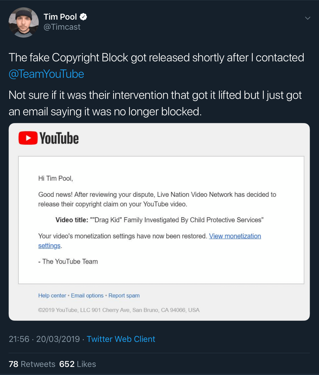 A tweet showing that the fake copyright claim against Tim Pool’s video has been released