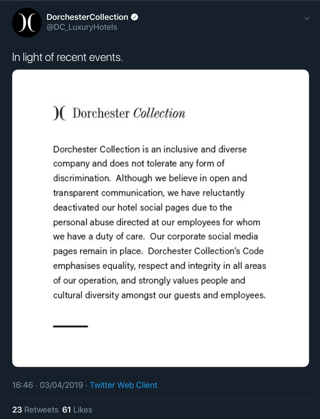 Dorchester Collection’s statement on the status of its social media pages.