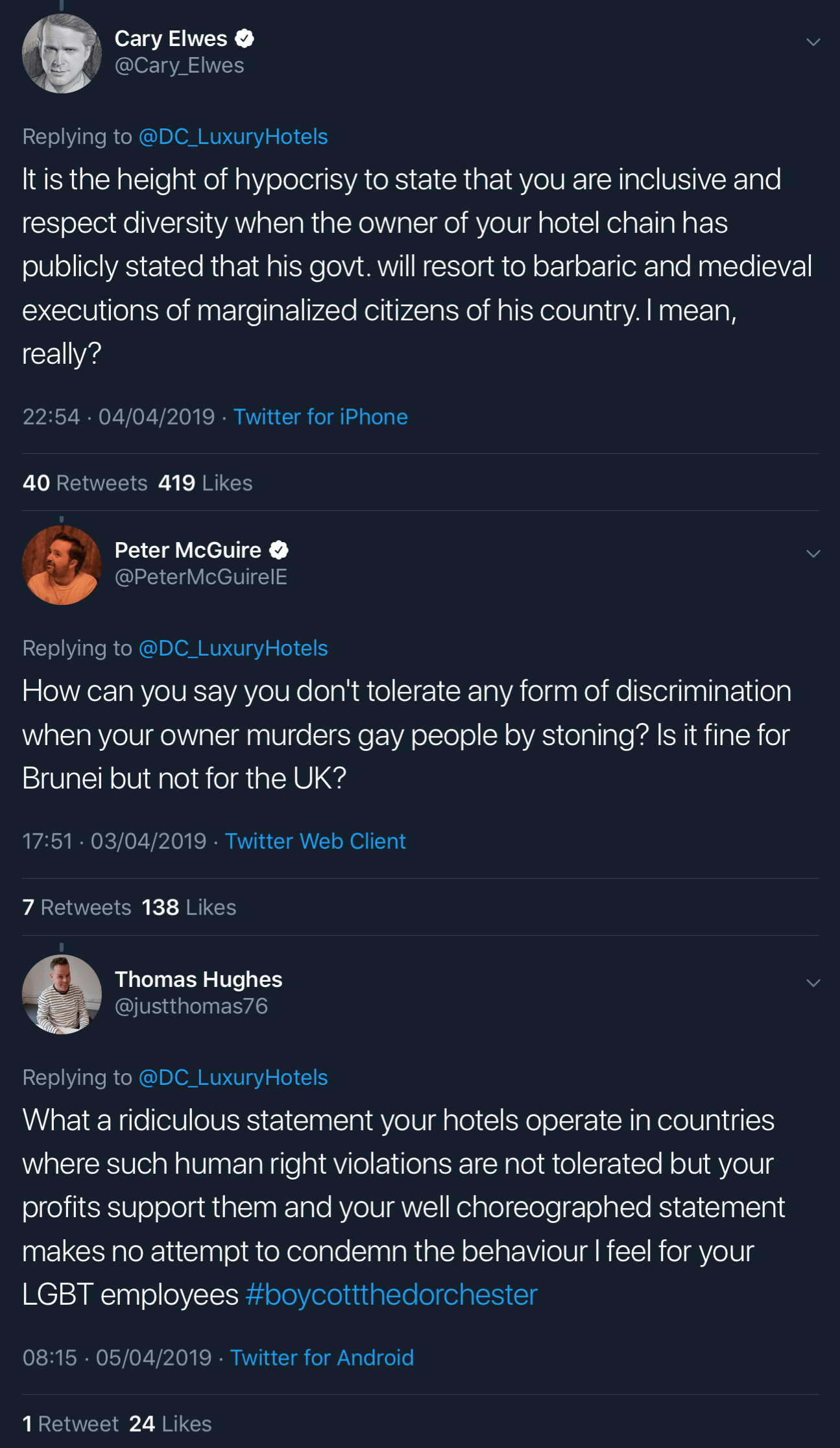 Twitter users responding to the Dorchester Collection’s statement and calling out the hypocrisy of the message.